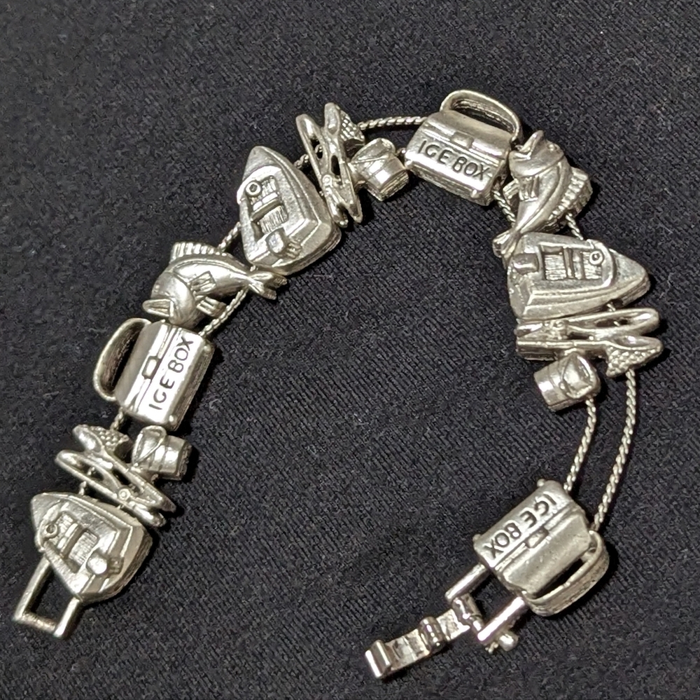 Fishing Slide Bracelet Boat, Fish, Rod n Reel, Ice Box charms 1980's Silver